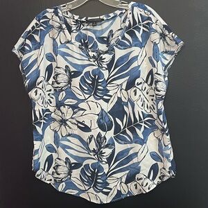 Banana Republic Blue and White Tropical Print Cap Sleeve Top